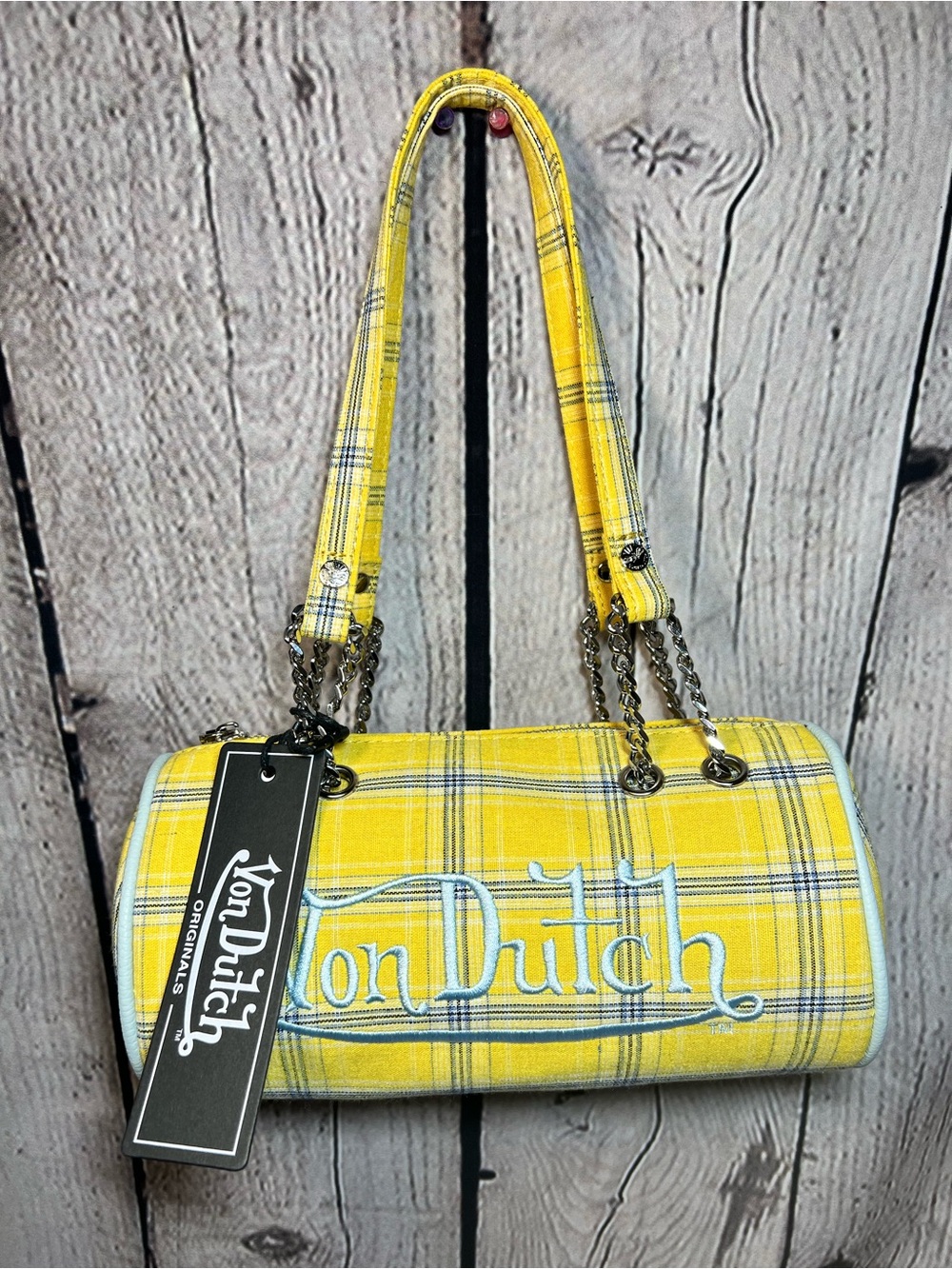 Von Dutch Yellow Plaid Barrel Bag with Chain Handles